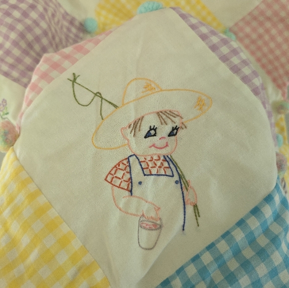 vintage baby crib quilt blanket hand embroidered nursery Cat, Clown, Rabbits *re - Picture 6 of 13